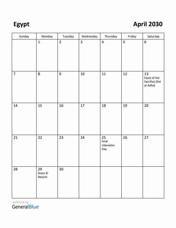 April 2030 Calendar with Egypt Holidays