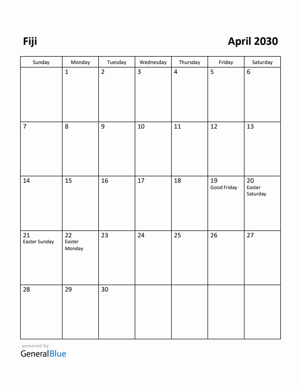 April 2030 Calendar with Fiji Holidays