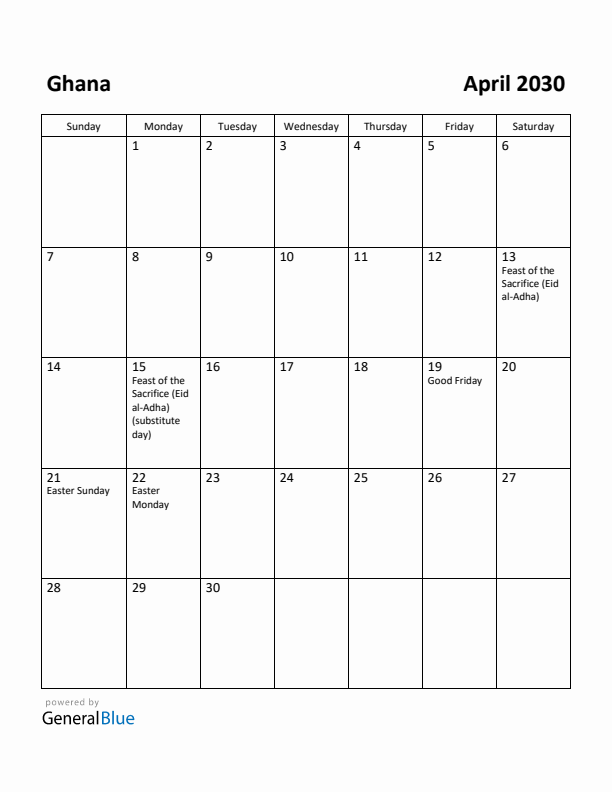 April 2030 Calendar with Ghana Holidays