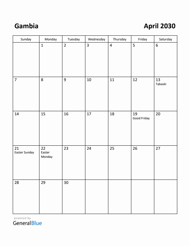 April 2030 Calendar with Gambia Holidays