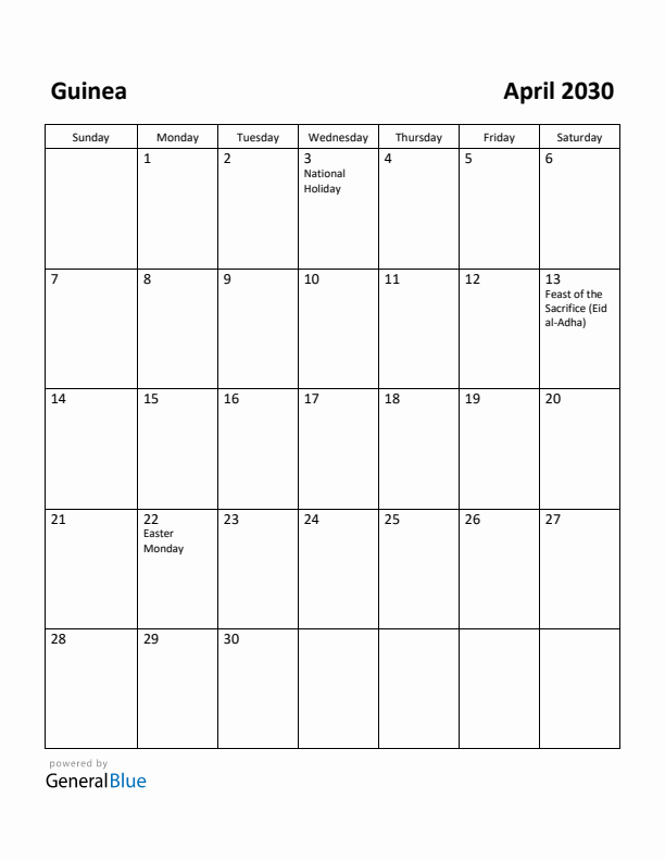 April 2030 Calendar with Guinea Holidays
