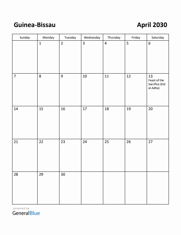 April 2030 Calendar with Guinea-Bissau Holidays