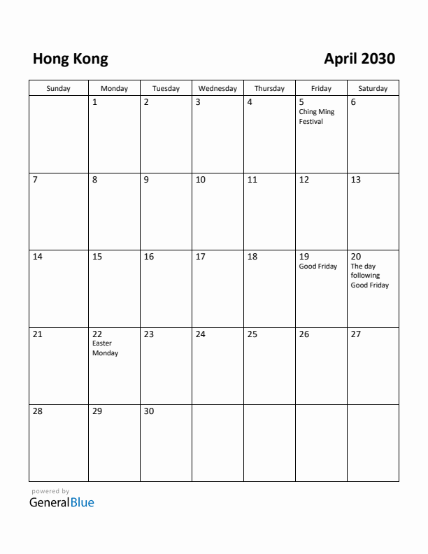 April 2030 Calendar with Hong Kong Holidays