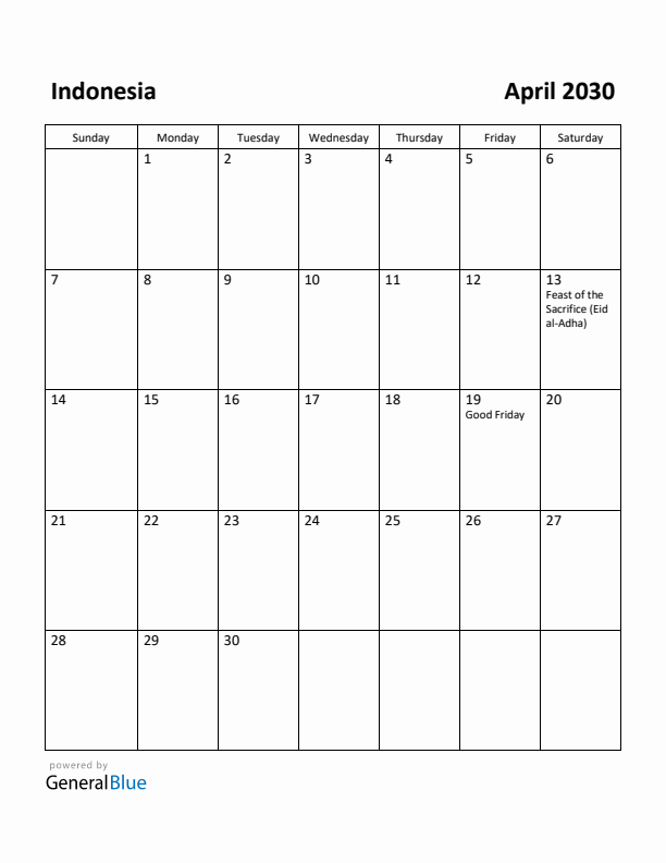 April 2030 Calendar with Indonesia Holidays