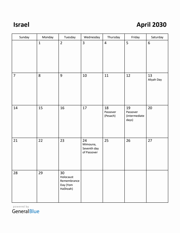 April 2030 Calendar with Israel Holidays