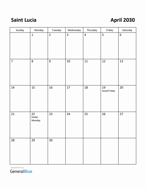 April 2030 Calendar with Saint Lucia Holidays