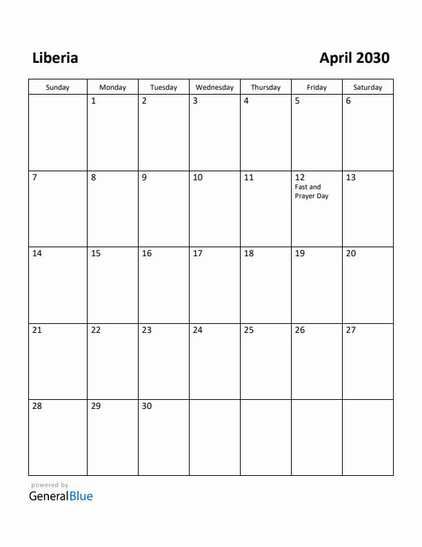 April 2030 Calendar with Liberia Holidays