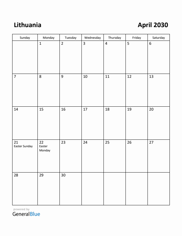 April 2030 Calendar with Lithuania Holidays