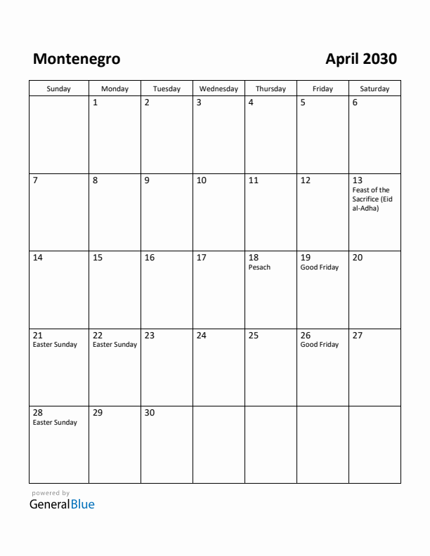 April 2030 Calendar with Montenegro Holidays