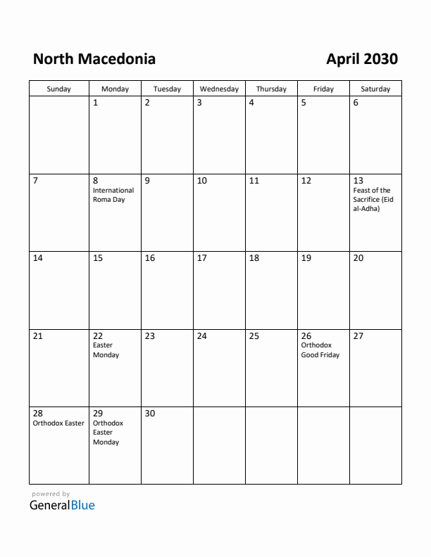 April 2030 Calendar with North Macedonia Holidays
