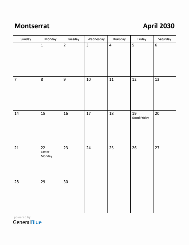 April 2030 Calendar with Montserrat Holidays