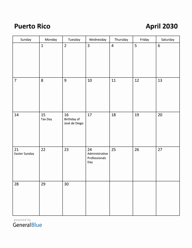 April 2030 Calendar with Puerto Rico Holidays