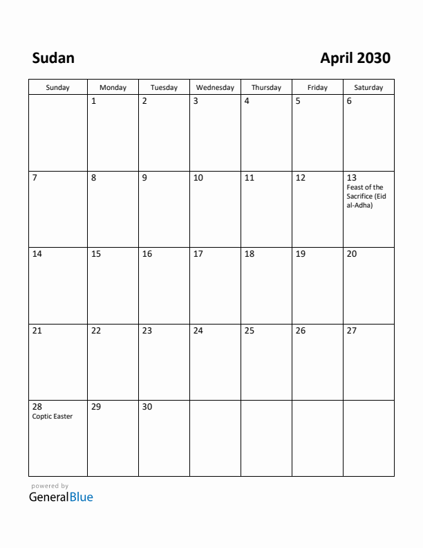 April 2030 Calendar with Sudan Holidays