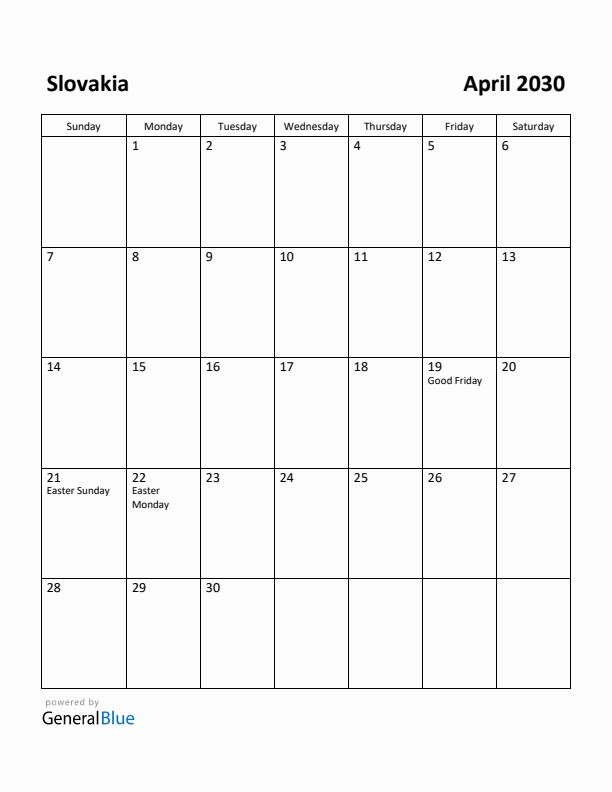 April 2030 Calendar with Slovakia Holidays