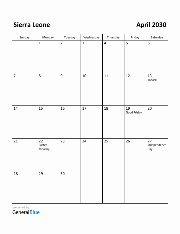April 2030 Calendar with Sierra Leone Holidays
