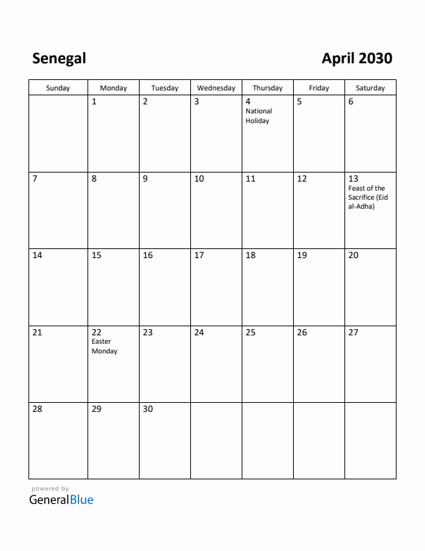 April 2030 Calendar with Senegal Holidays
