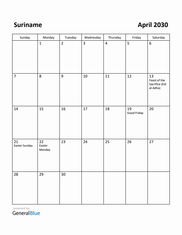 April 2030 Calendar with Suriname Holidays