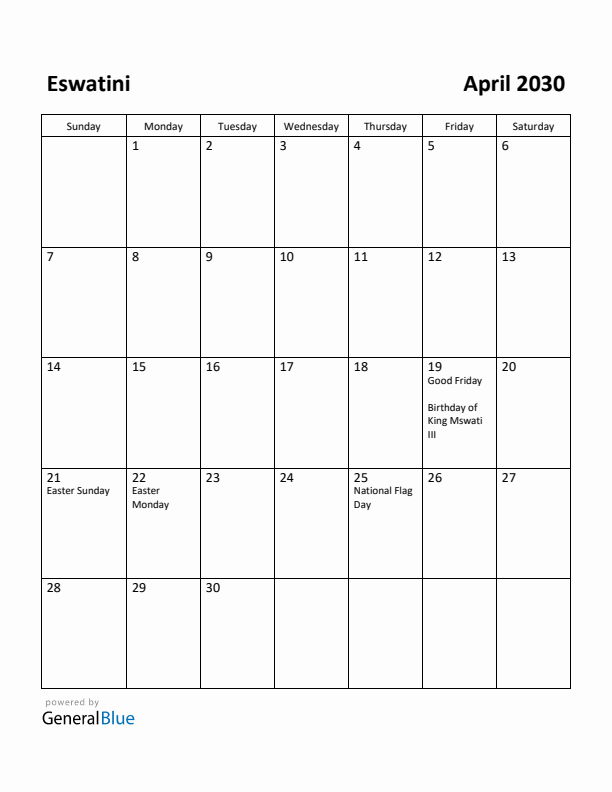 April 2030 Calendar with Eswatini Holidays