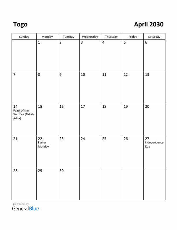 April 2030 Calendar with Togo Holidays