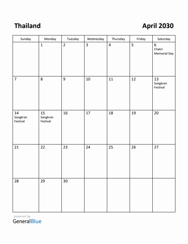 April 2030 Calendar with Thailand Holidays
