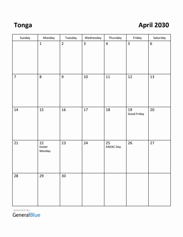 April 2030 Calendar with Tonga Holidays