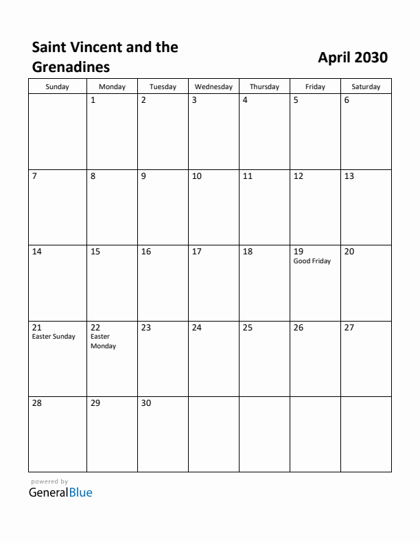 April 2030 Calendar with Saint Vincent and the Grenadines Holidays