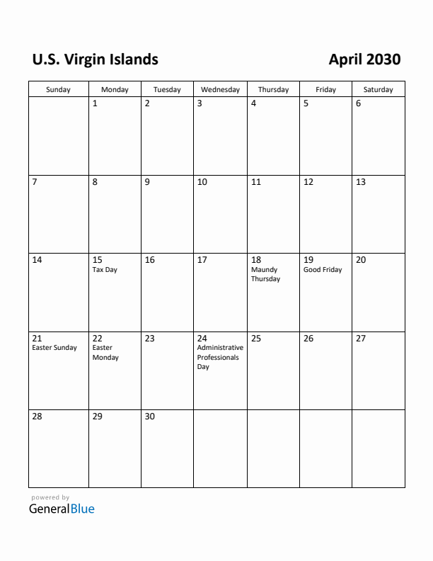 April 2030 Calendar with U.S. Virgin Islands Holidays