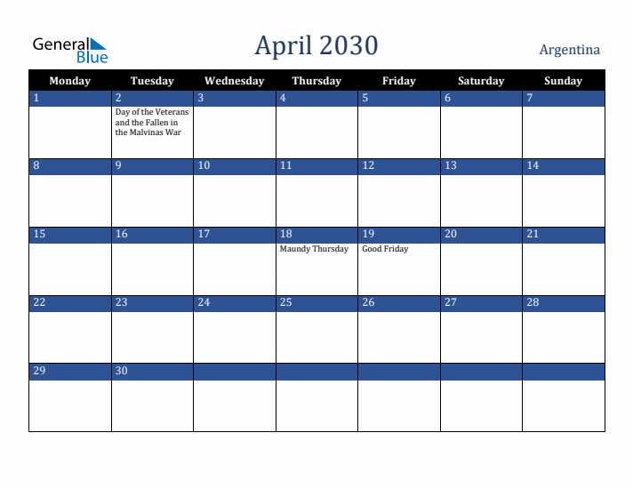 April 2030 Argentina Calendar (Monday Start)