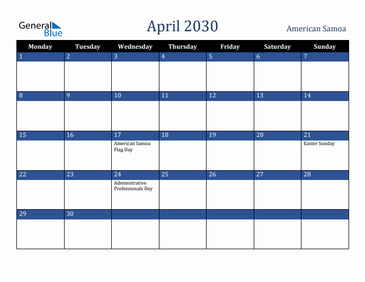 April 2030 American Samoa Calendar (Monday Start)