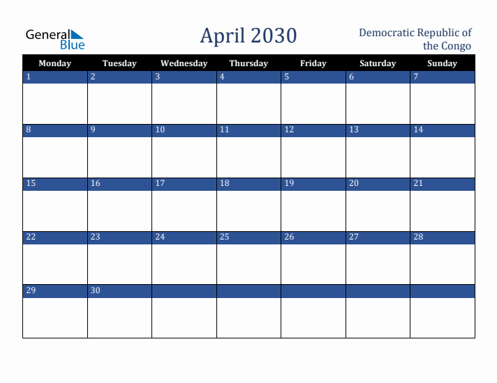 April 2030 Democratic Republic of the Congo Calendar (Monday Start)