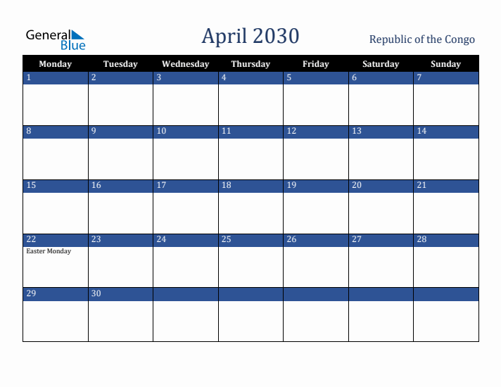 April 2030 Republic of the Congo Calendar (Monday Start)
