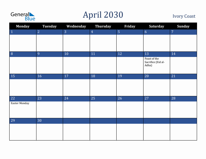 April 2030 Ivory Coast Calendar (Monday Start)