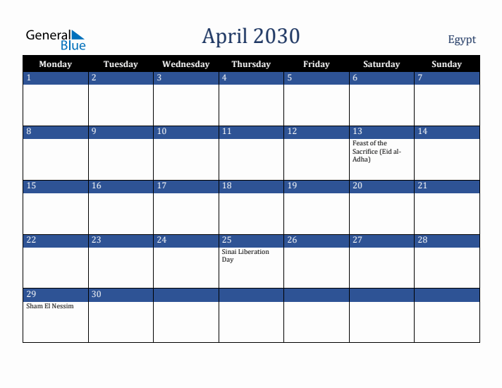 April 2030 Egypt Calendar (Monday Start)