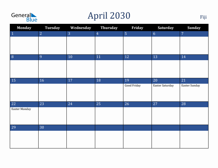 April 2030 Fiji Calendar (Monday Start)