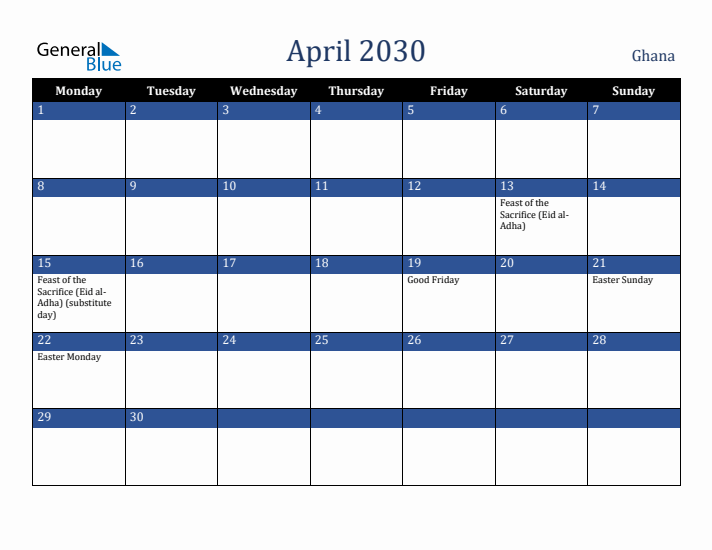 April 2030 Ghana Calendar (Monday Start)