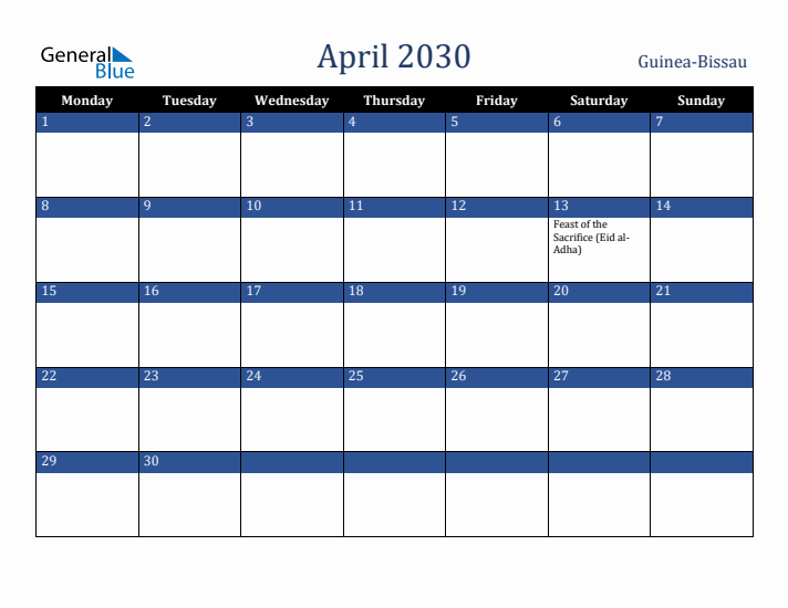 April 2030 Guinea-Bissau Calendar (Monday Start)