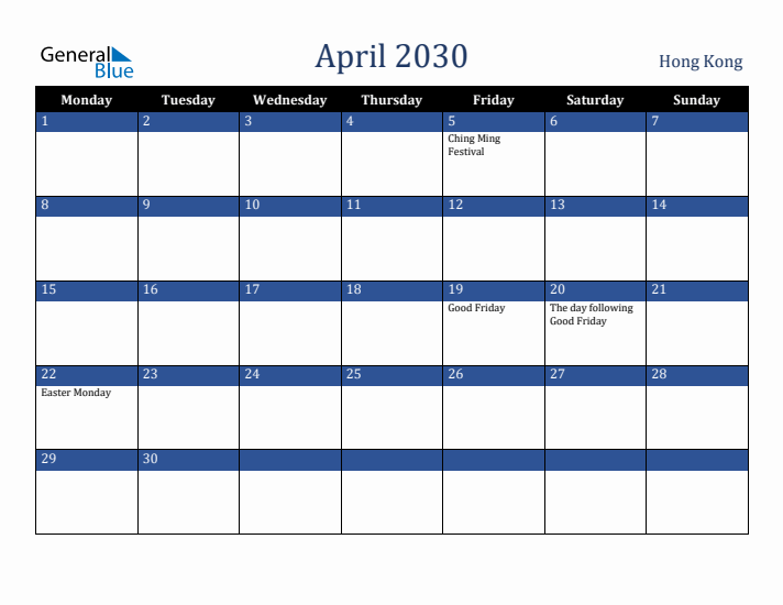 April 2030 Hong Kong Calendar (Monday Start)