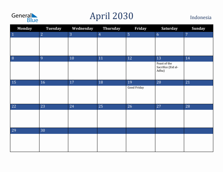 April 2030 Indonesia Calendar (Monday Start)