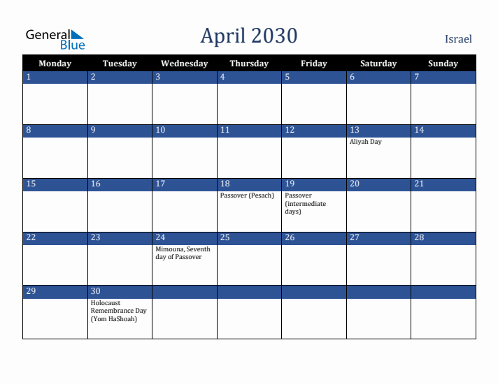 April 2030 Israel Calendar (Monday Start)