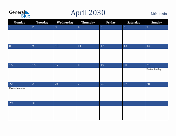 April 2030 Lithuania Calendar (Monday Start)