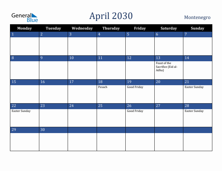 April 2030 Montenegro Calendar (Monday Start)