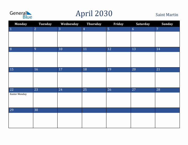April 2030 Saint Martin Calendar (Monday Start)