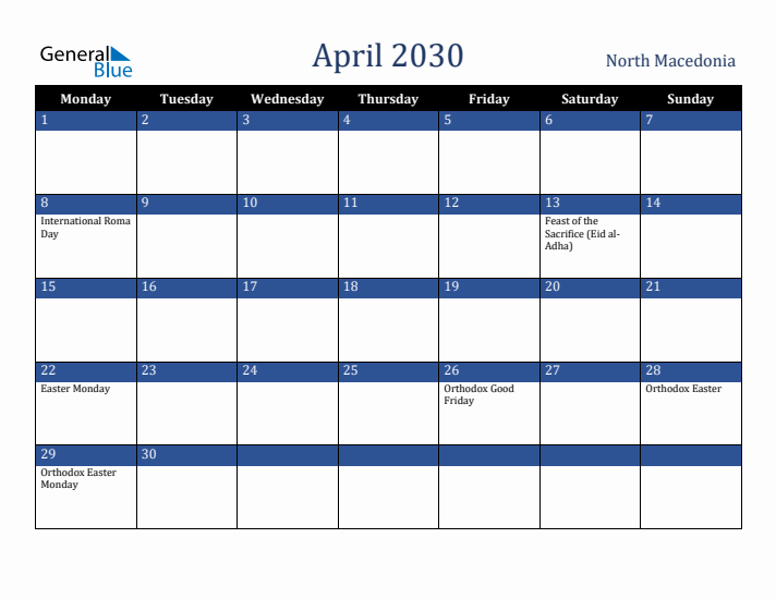 April 2030 North Macedonia Calendar (Monday Start)