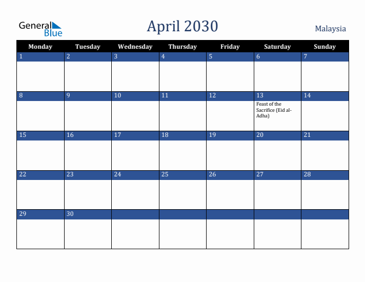 April 2030 Malaysia Calendar (Monday Start)