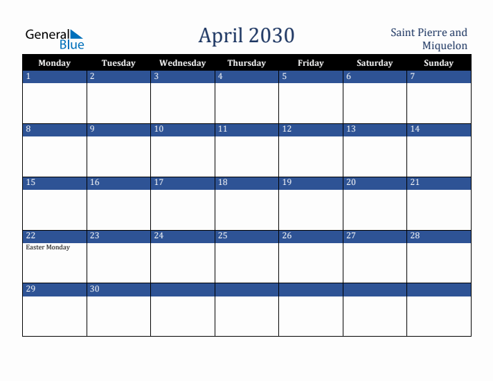 April 2030 Saint Pierre and Miquelon Calendar (Monday Start)