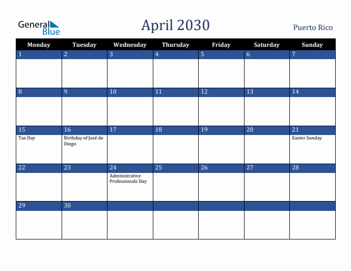 April 2030 Puerto Rico Calendar (Monday Start)