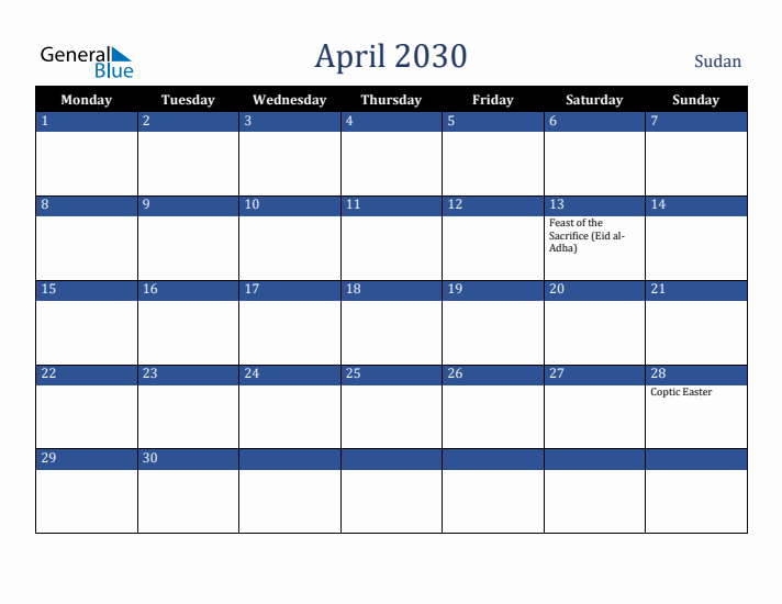 April 2030 Sudan Calendar (Monday Start)