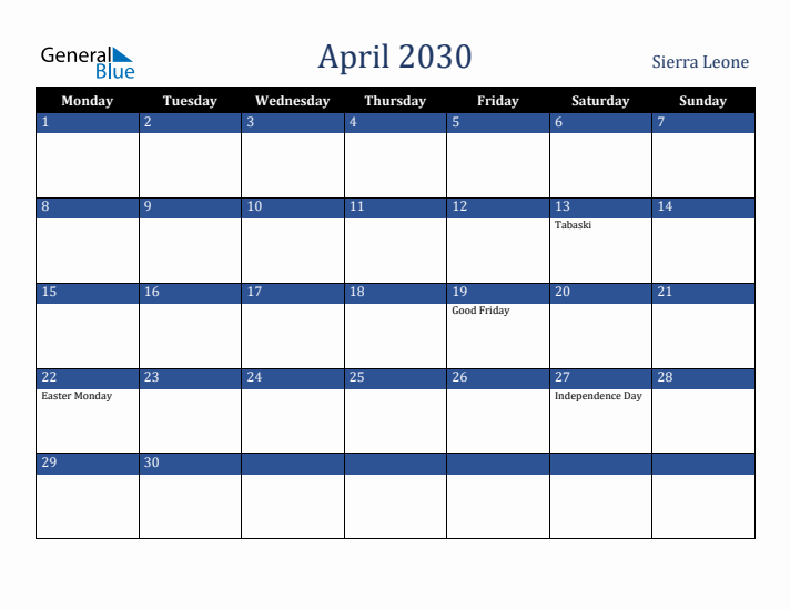 April 2030 Sierra Leone Calendar (Monday Start)