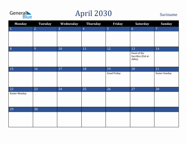 April 2030 Suriname Calendar (Monday Start)