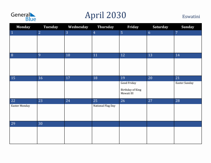 April 2030 Eswatini Calendar (Monday Start)